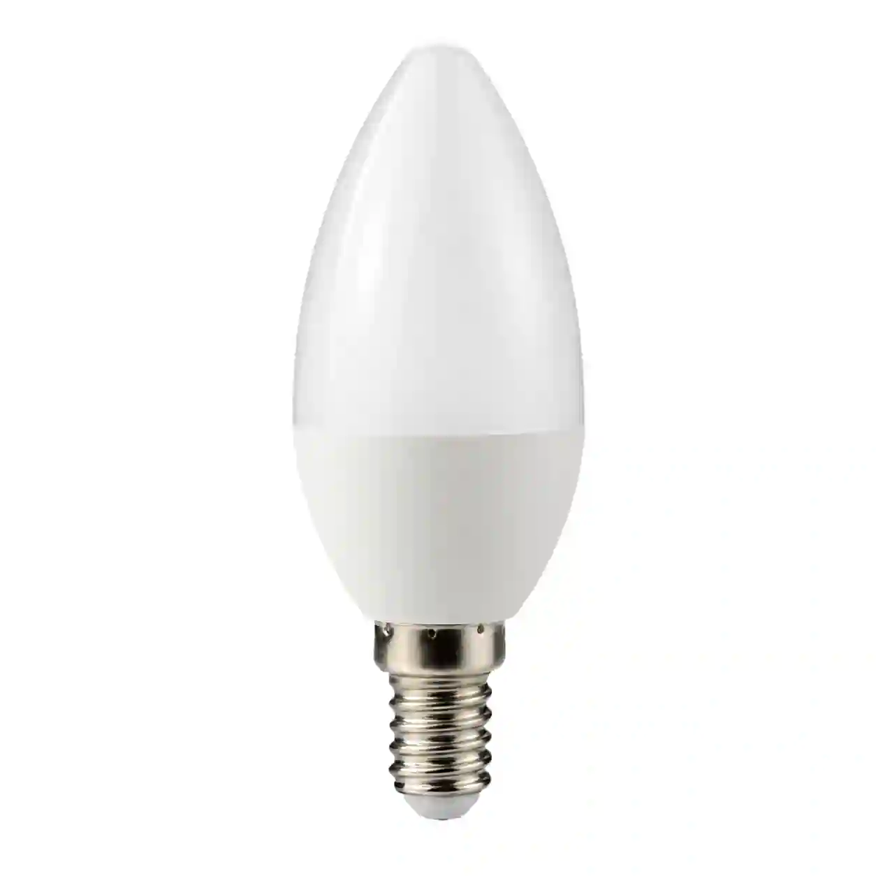 LED žárovka ve tvaru svíčky s paticí E14 na bílém pozadí